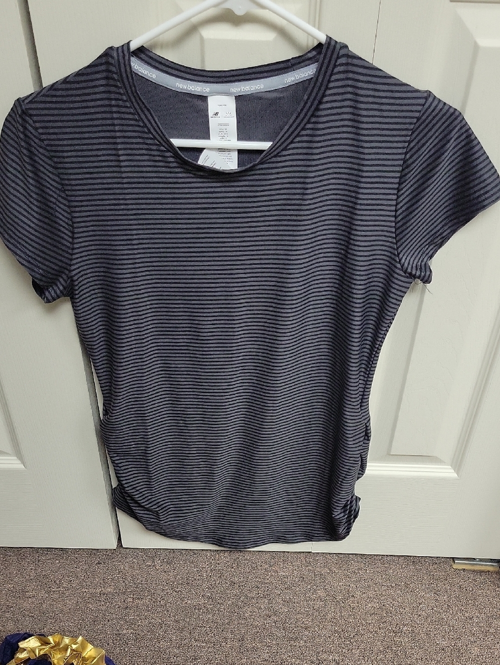New Balance Striped Black and Gray Women's Top. Ruching On Side. Never Worn.